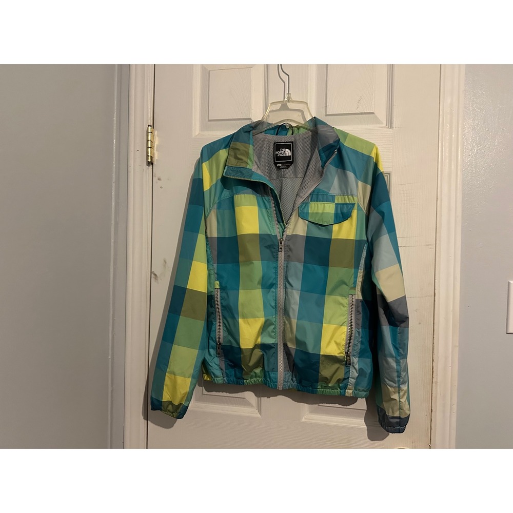 The North Face Womens Blue Green Plaid Full Zip Mesh Lined Windbreaker Jacket M